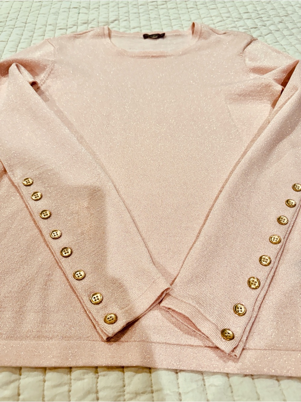Like new J McLaughlin Sparkly Light Pink Jamey  Sweater with Gold Buttons